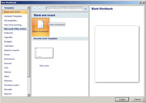 Microsoft Excel 2007 New Workbook window