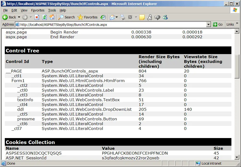 Figure 3-4 The ASP.NET page's control tree shown in the page trace.
