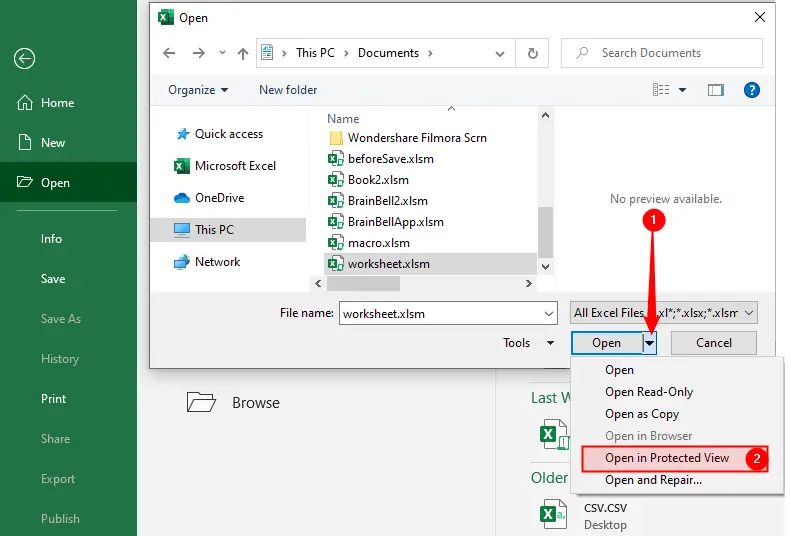 How to open a file in protected view