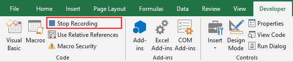 Stop macro recording from the developer tab