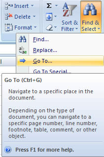 Find and Select Menu in Excel 2007