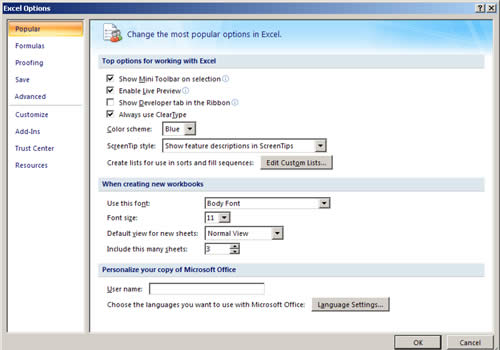 Excel 2007 Options