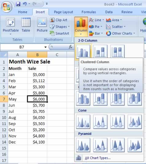 Select Chart Subtype from Insert Ribbons