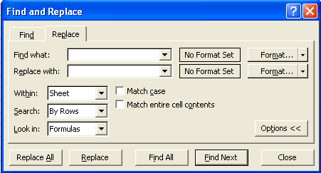 Find and Replace Options