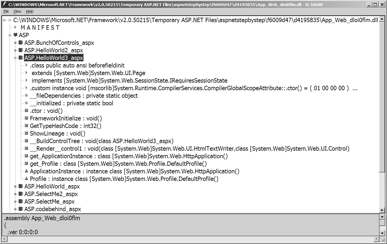 Figure 2-3 ILDASM showing the contents of the assembly generated by ASP.NET after surfing to HelloWorld3.aspx.