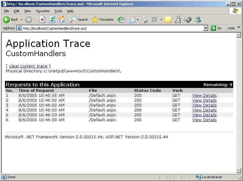 Figure 18-1 The output of the Trace.axd handler.