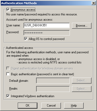 Figure 10-1 Managing IIS's authentication settings.