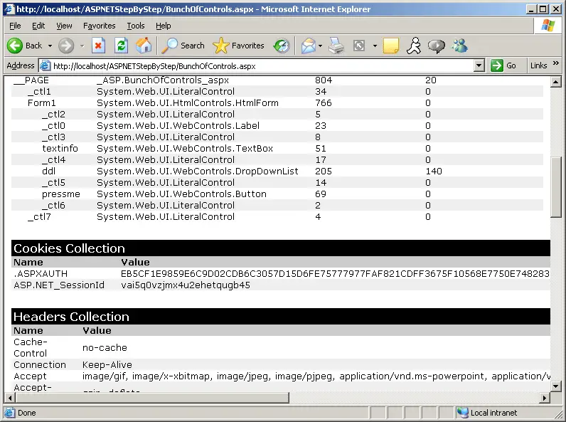 Figure 10-4 Tracing turned on reveals the authentication cookie for a page using Forms Authentication.