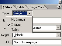 Select Slice Type: No image, Image or Table in Adobe ImageReady